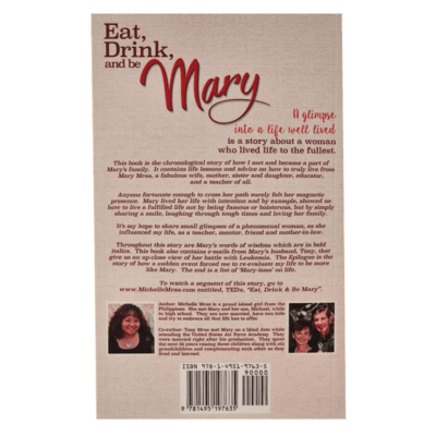 Back cover image of the book "Eat, Drink, and Be Mary". The book cover shows the title of the book and a old style photograph of a mom and three children marching in green grace with green trees in the background.