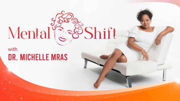 Image for Mental Shift TV Show. Michelle in white dress on white couch. Include is Mental Shift Logo with Michelle's name.