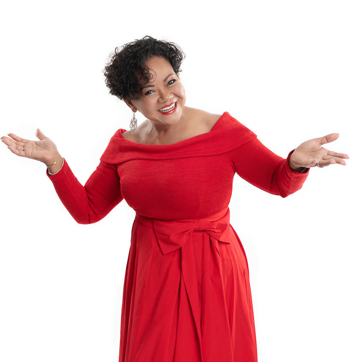 Michelle red dress with hands out